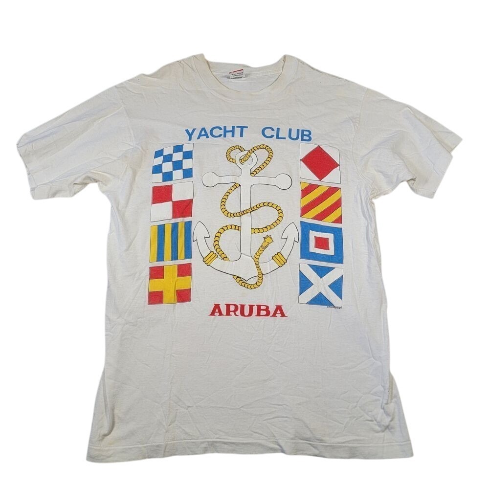 VTG 90's Yacht Club Aruba T-Shirt Sz L Large Fruit of the Loom Made in‎ USA READ